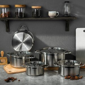Stylish kitchen setup featuring stainless steel pots and kitchen accessories on a gray background.