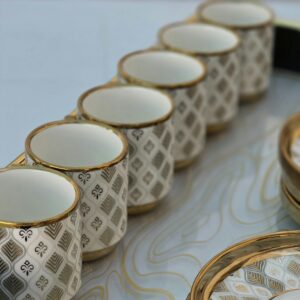 Luxurious tea set with gold accents on a tray, showcasing premium design.