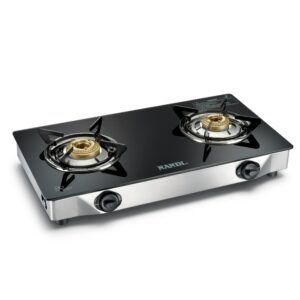 Stylish double burner gas stove with glass top, ideal for modern kitchens.